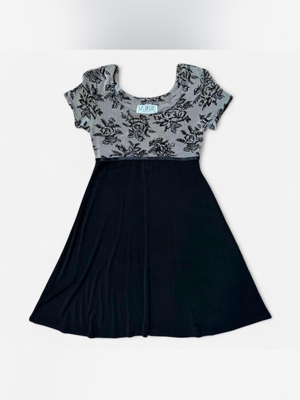 La Belle Y2K Black Floral Mini Dress Small Vintage 90s